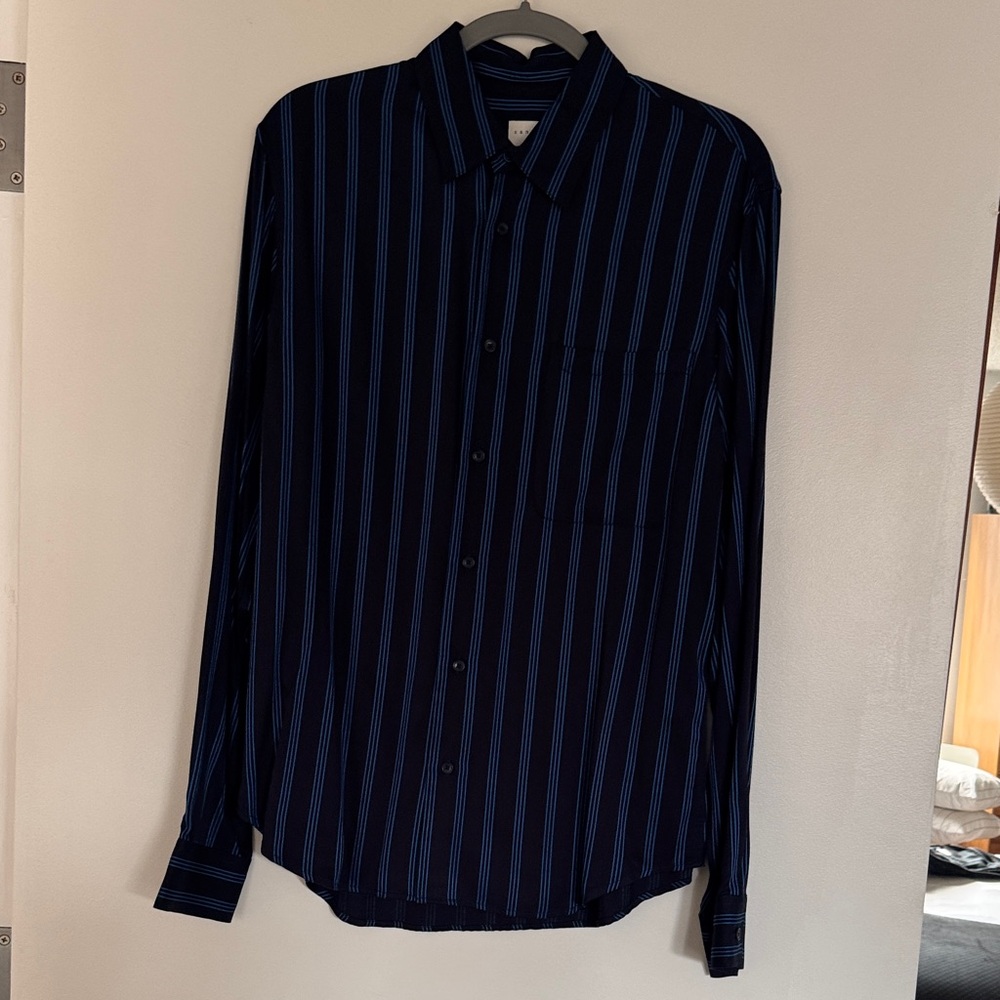Sandro Men’s Med Long Sleeve Shirt Navy Blue w/Blue Stripes, Like New Never Worn